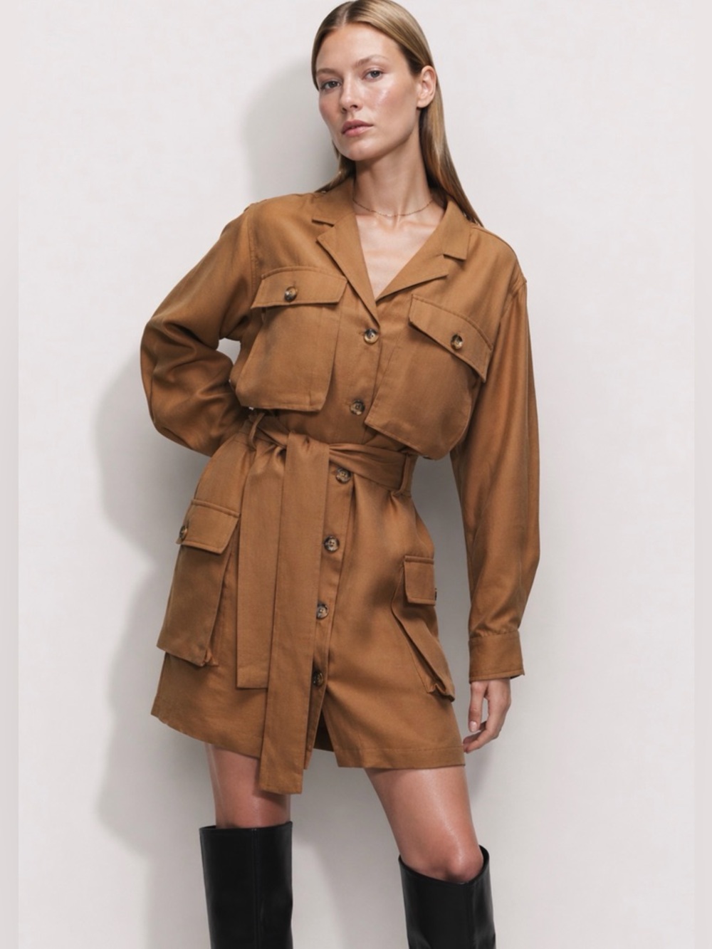 ANINE BING Kaiden Utility Tie-Front Mini Dress XS Camel Brown